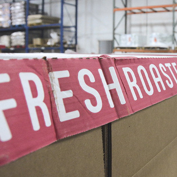 Close up of fresh roasted peanut packing and shipping boxes in the El Paso plant warehouse